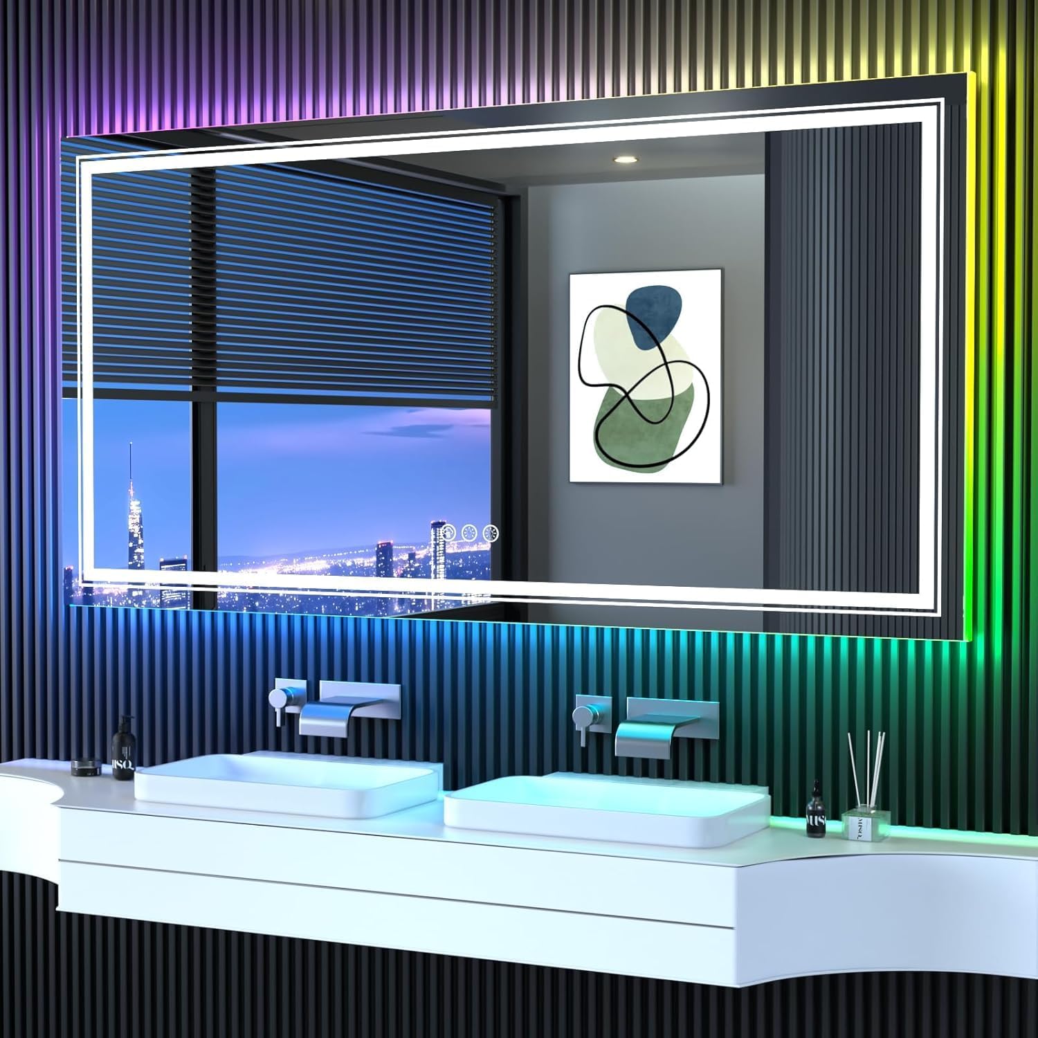 LED Mirror for Bathroom, 60"X36" with 8 RGB Backlit +3 Front Lit (Adjustable Individually), Anti-Fog, Large Lighted Bathroom Vanity Mirror for Wall,Shatterproof,Memory Function,Tempered Glass