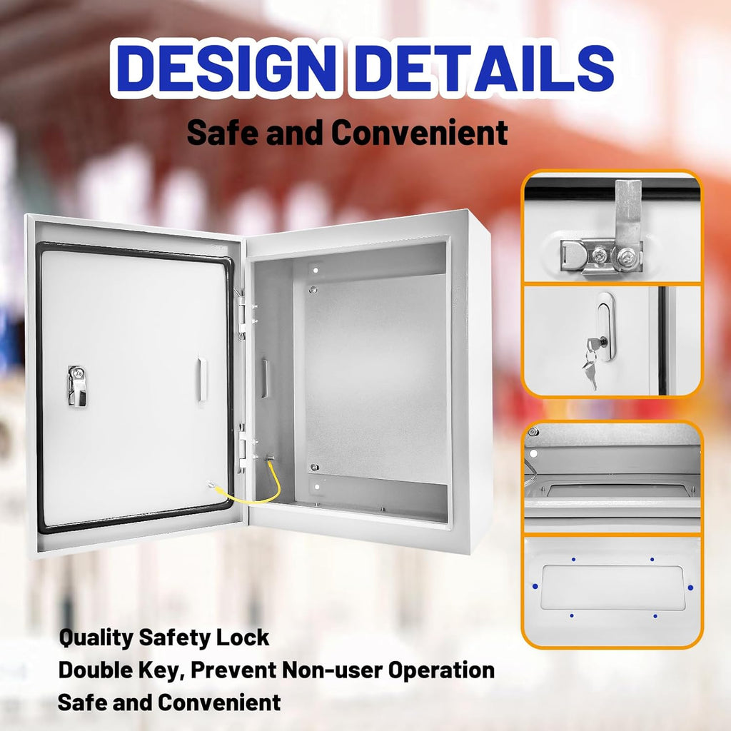 Outdoor Electrical Box 16 x 12 x 6''D NEMA 4X Enclosure Steel Box, Waterproof & Dustproof Outdoor/Indoor Lockable Electrical Junction Box, with Mounting Plate