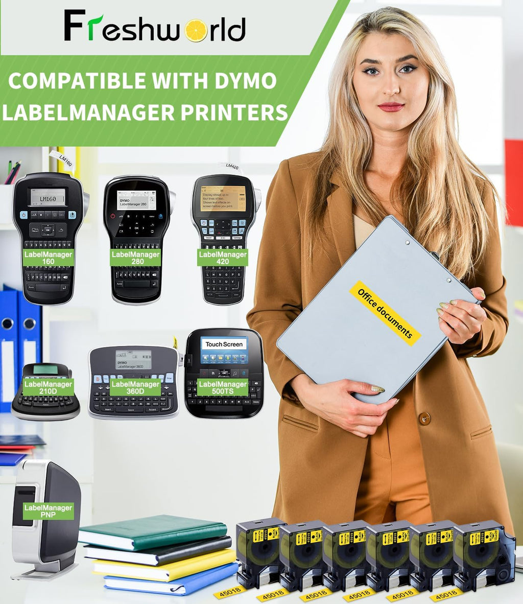 Freshworld Compatible with Dymo D1 Label Tape 45018 Replace for Dymo Label Maker Refills d1, Black on Yellow, 1/2 in x 23 Ft, for LabelManager 160 210D 260P 280 360D 420P PnP 220P 260P 500TS,6-Pack