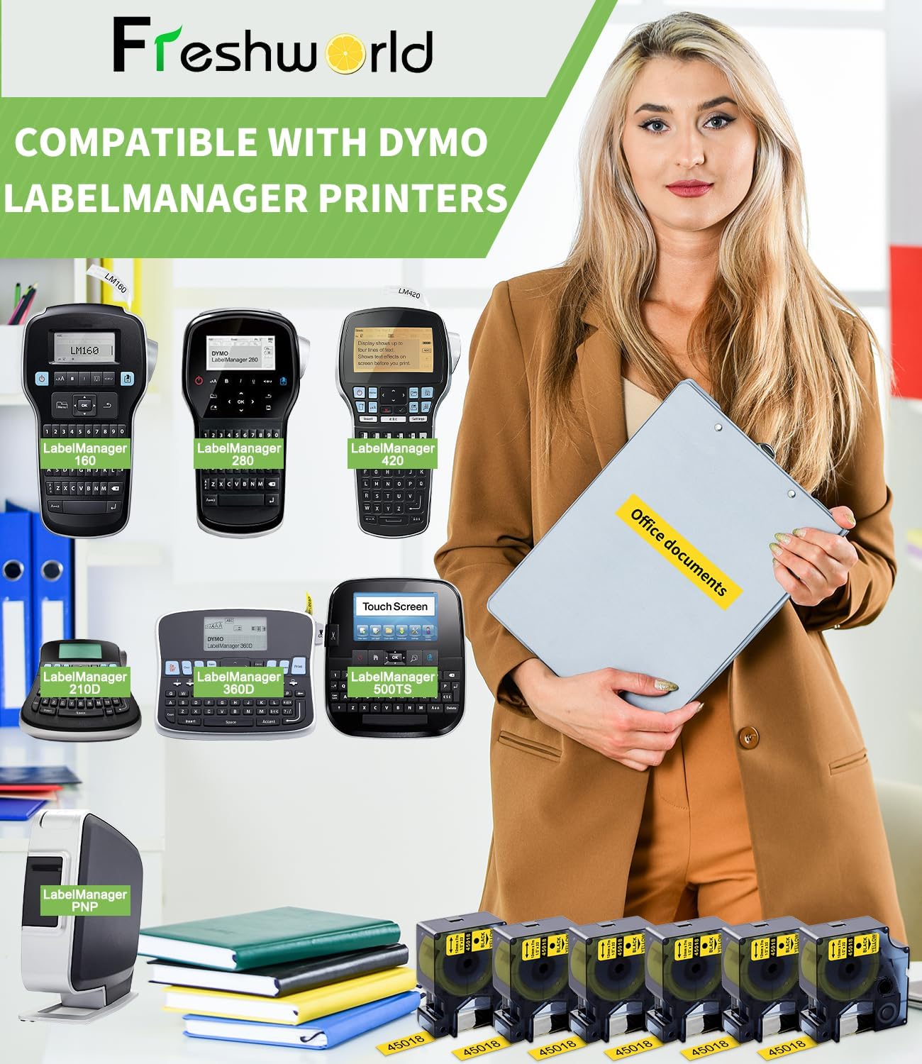 Freshworld Compatible with Dymo D1 Label Tape 45018 Replace for Dymo Label Maker Refills d1, Black on Yellow, 1/2 in x 23 Ft, for LabelManager 160 210D 260P 280 360D 420P PnP 220P 260P 500TS,6-Pack