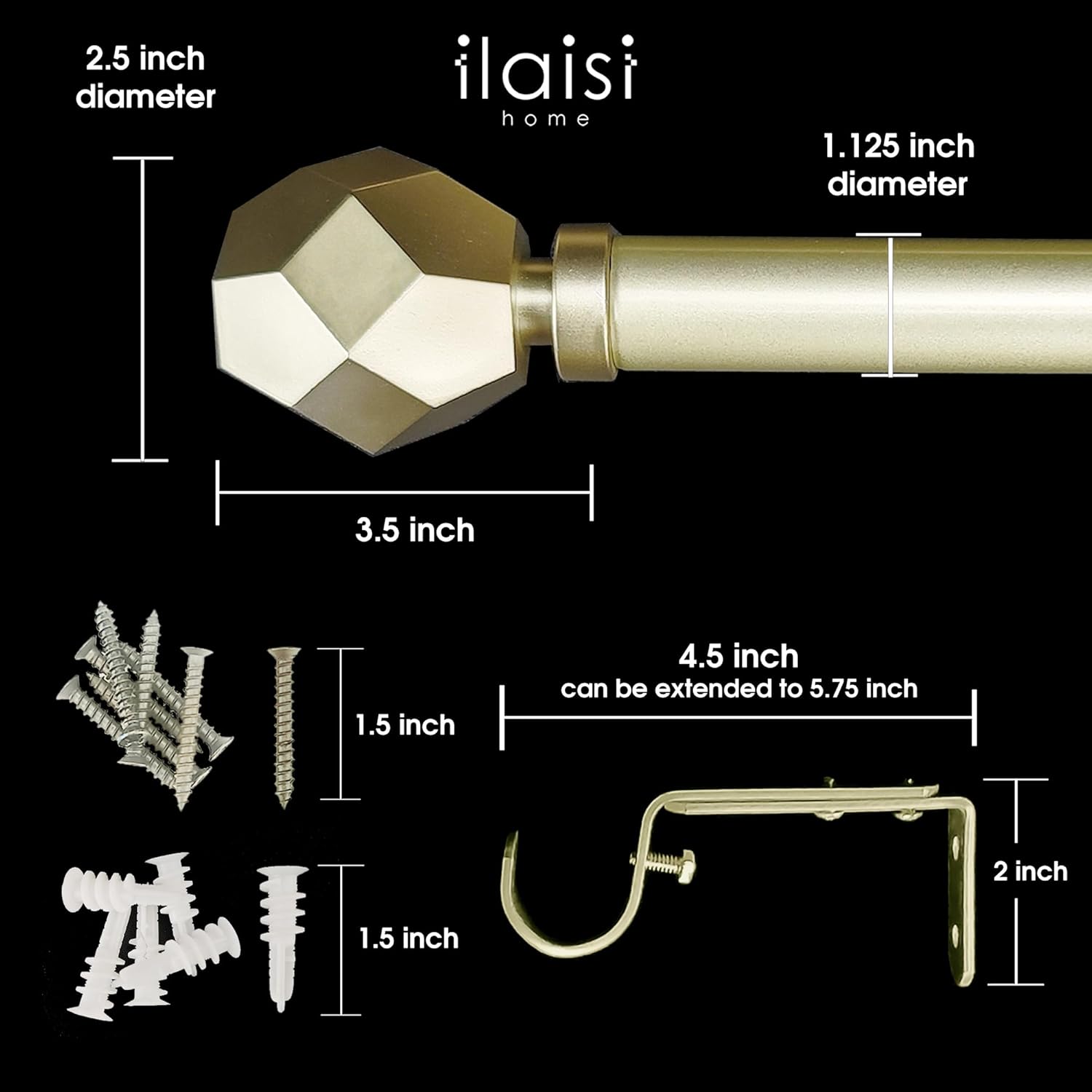 1-1/8 Inch Diameter Champagne Gold Curtain Rod with Geometric Faceted Finials, 36-72'' Telescoping Single Curtain Rods for window width 24-68 inch, 1 pack