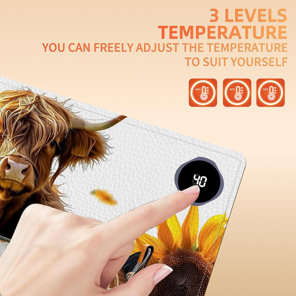Heated Mouse Pad, Warm Desk Pad, Keyboard Mat 23.6 x 14 Inch Large Size Intelligent Fast Heating, 3 Speed Adjustable, Timed Auto Power Off for Game Office Home, Sunflower Highland Cattle