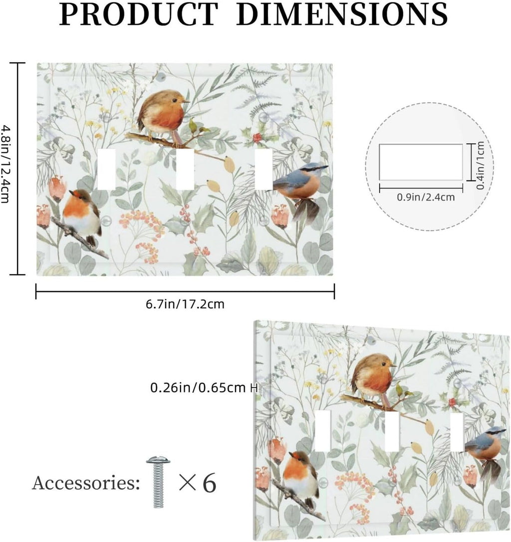 Decorative Switch Plates Red Floral Berries Colorful Bird Plant 3 Gang Wall Plate Triple Toggle Light Switch Cover Faceplate Electrical Wall Panels For Bed Room Living Room Decor
