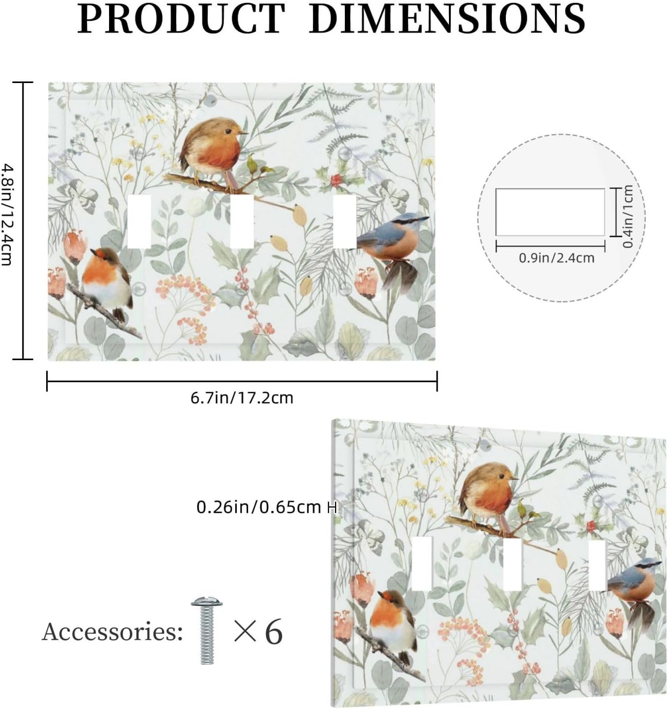 Decorative Switch Plates Red Floral Berries Colorful Bird Plant 3 Gang Wall Plate Triple Toggle Light Switch Cover Faceplate Electrical Wall Panels For Bed Room Living Room Decor