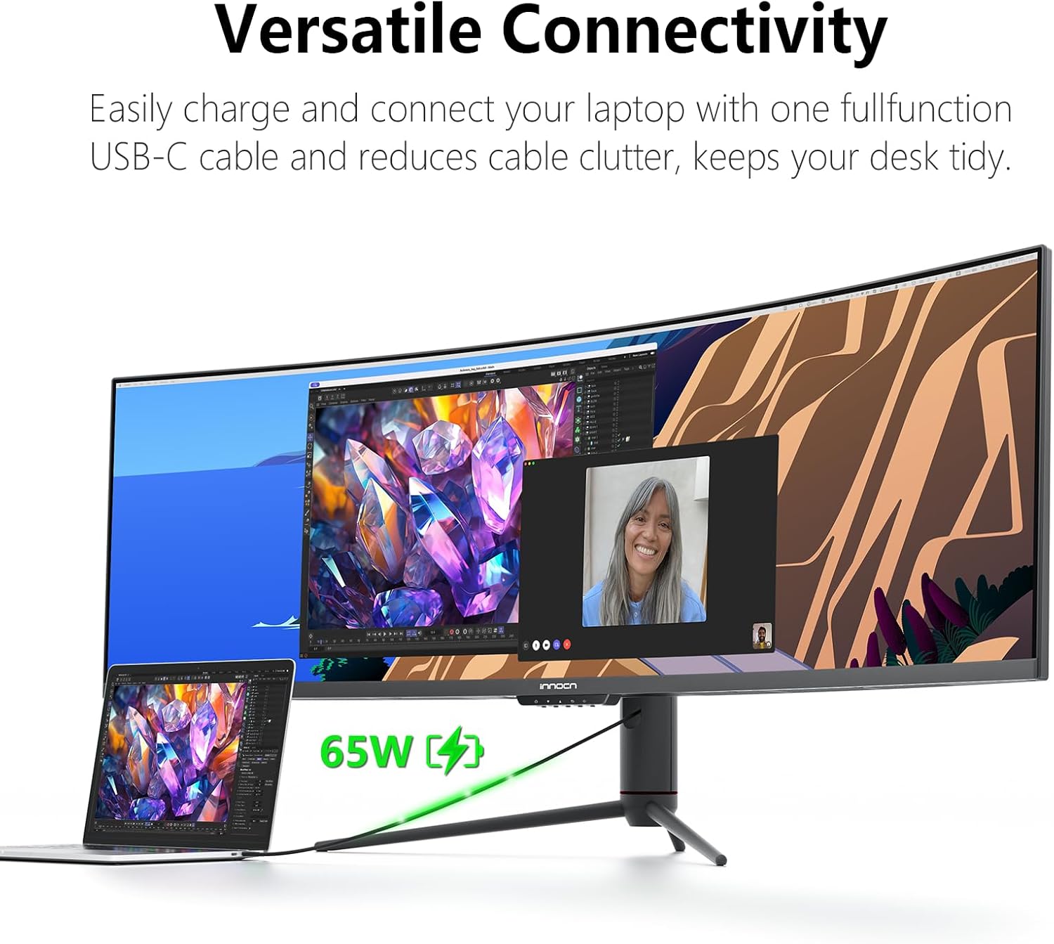 INNOCN 49" 240Hz Curved Monitor Ultrawide Gaming QHD 5120 x 1440P Computer Monitor, R1800, 99% sRGB, HDR400, USB Type C, DisplayPort, HDMI, Built-in Speakers, Height/Tilt Adjustable - 49C1S