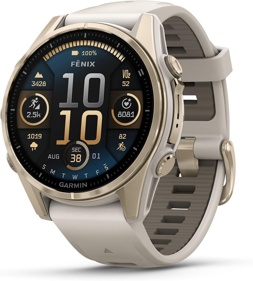 Garmin Fenix 8 Premium Multisport GPS Running Smartwatch, 43 mm | AMOLED, Dive-Rated, Built-in Flashlight | Soft Gold with Dark Sandstone Band with Signature Series Charging Stand