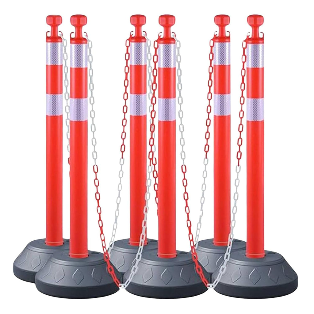 6 Pack Traffic Delineator Post Cones with Plastic Chain Crowd Control Barriers - Expandable 40" Traffic Control Cones, 6 x 6.6 Ft Chains for Indoor & Outdoor Use (Red-Water Filled Base)