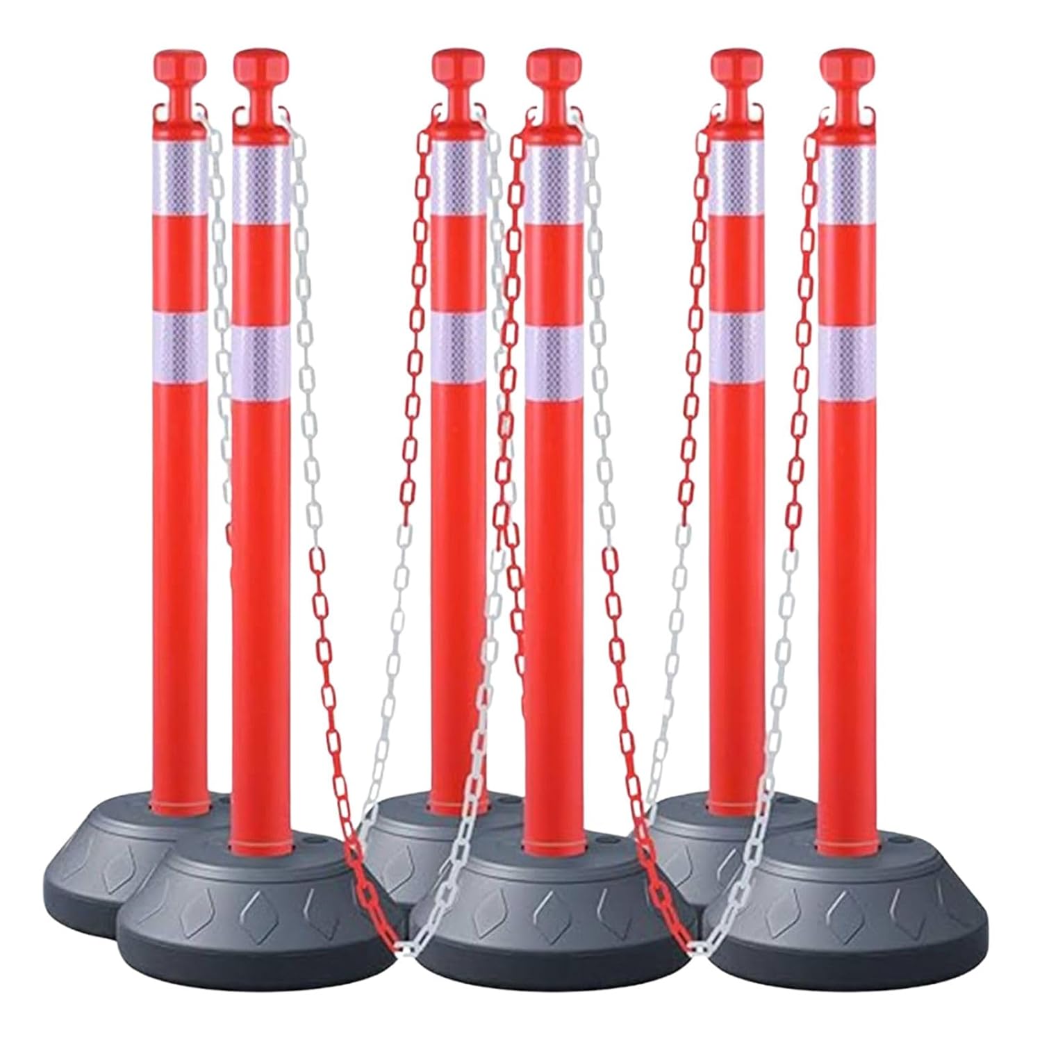 6 Pack Traffic Delineator Post Cones with Plastic Chain Crowd Control Barriers - Expandable 40" Traffic Control Cones, 6 x 6.6 Ft Chains for Indoor & Outdoor Use (Red-Water Filled Base)