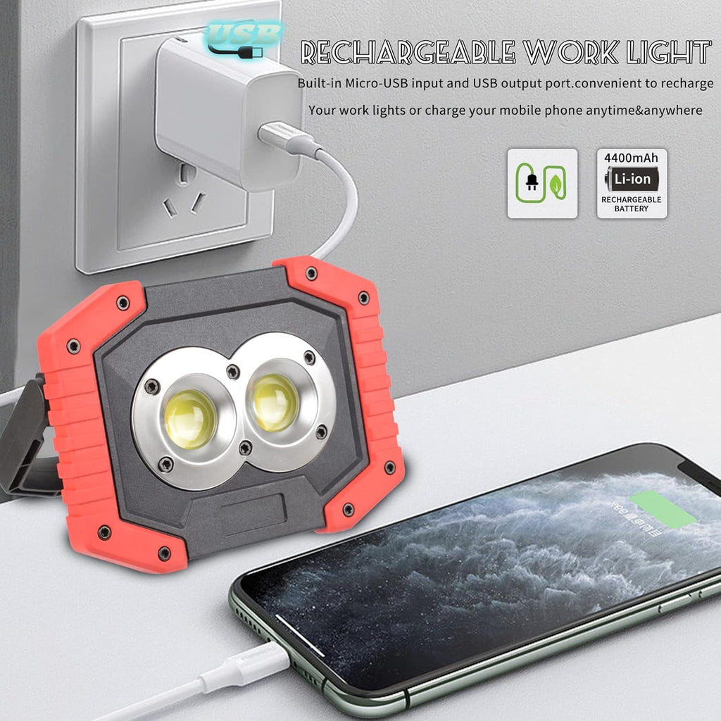 OTYTY LED Work Light 2-Pack, 30W 1500LM Portable Rechargeable Flood Lights with Magnetic Base, 4200mAh Battery for Outdoor, Camping, Hiking, Emergency, Car Repairing, Job Site Lighting (W839 Red)
