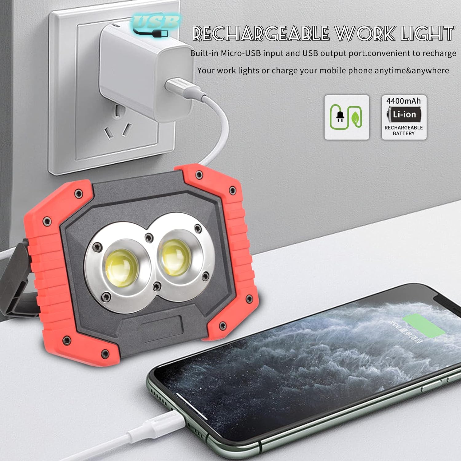 OTYTY LED Work Light 2-Pack, 30W 1500LM Portable Rechargeable Flood Lights with Magnetic Base, 4200mAh Battery for Outdoor, Camping, Hiking, Emergency, Car Repairing, Job Site Lighting (W839 Red)