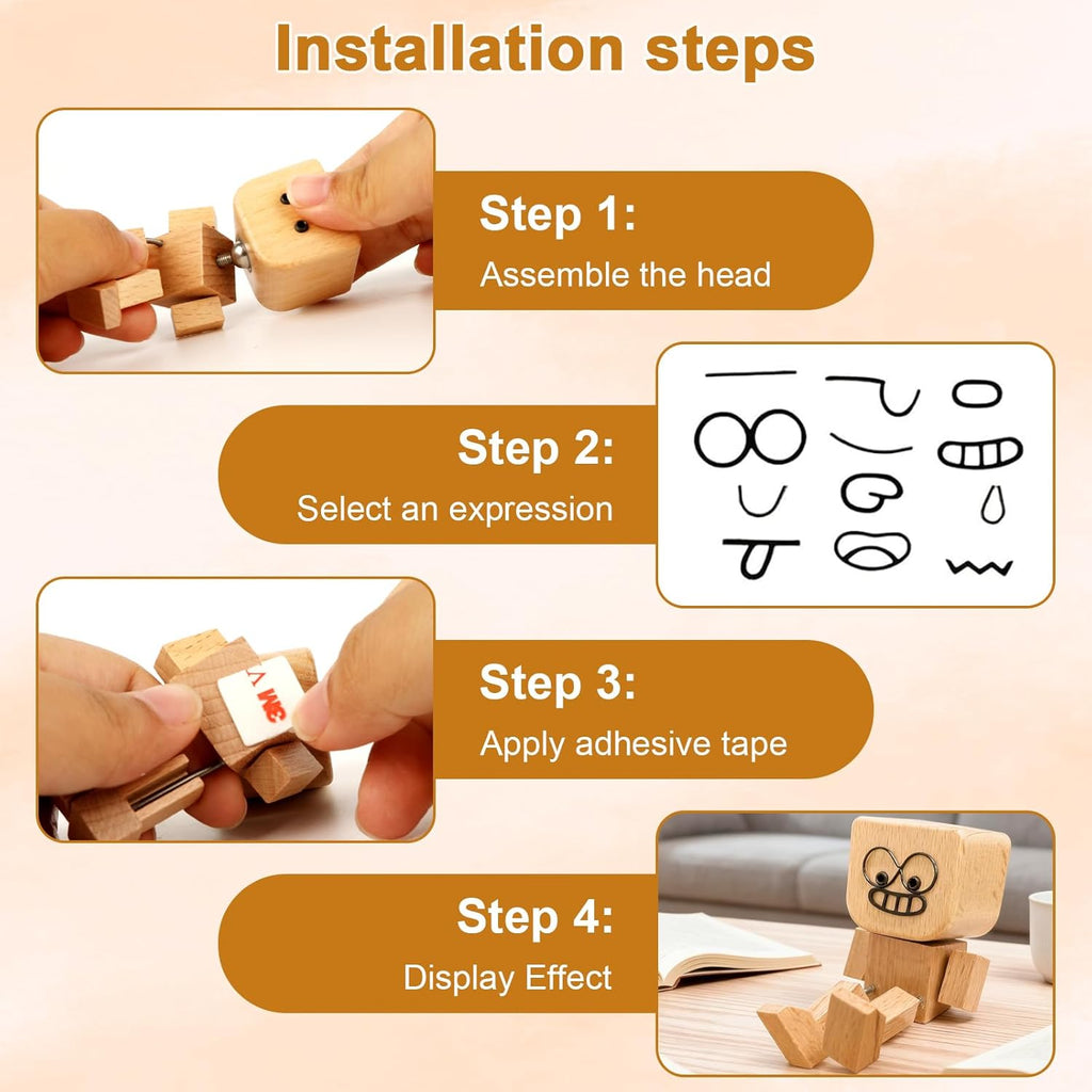 Shaking Wooden Man Figurine for Car Dashboard, Handmade Shaking Feet Wooden Man with 12PCS Magnetic Expressions, Creative Wood Desktop Decor Gifts