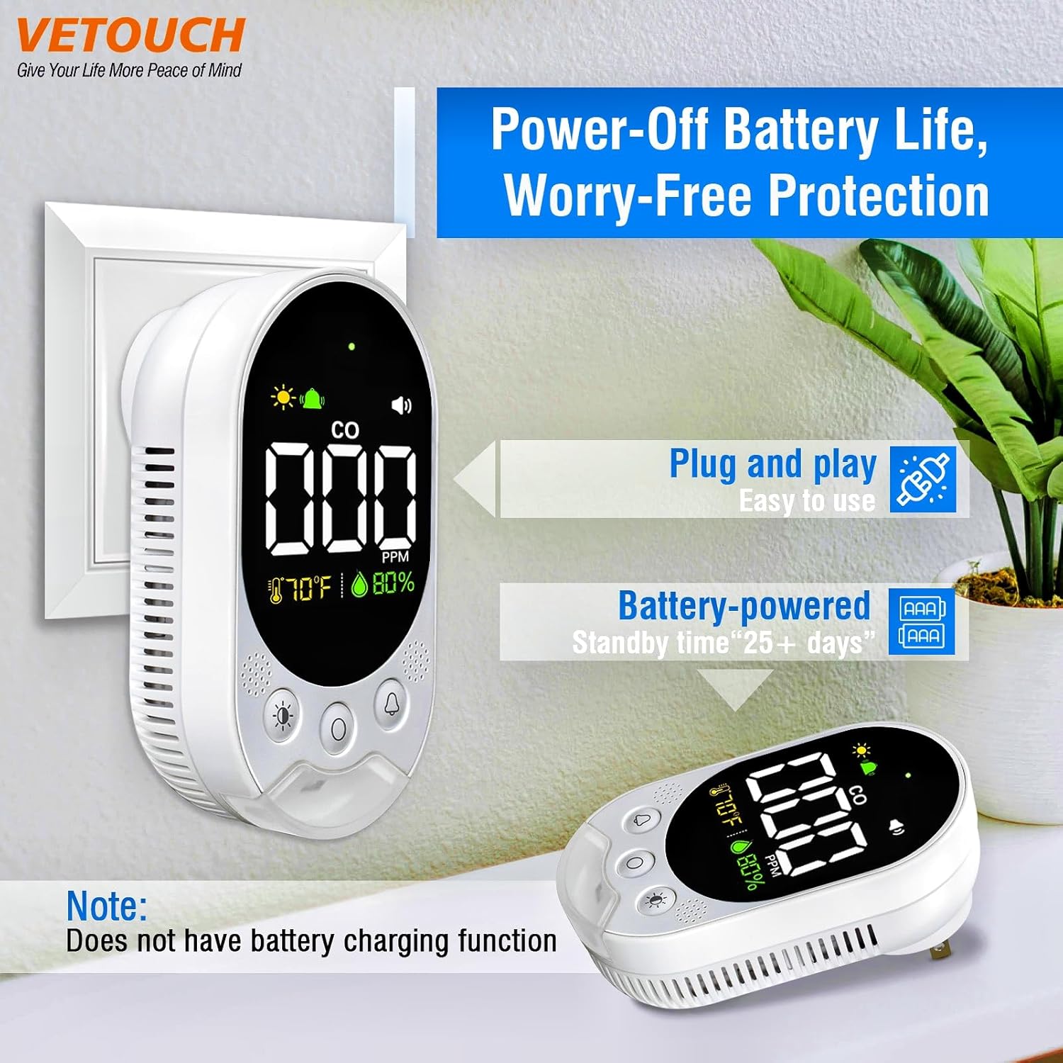 Portable Carbon Monoxide Detector Plug,Upgraded Version Configure Emergency Lighting CO Remind,Accurate Detection of CO Concentration Graded Warning, While Monitoring Temperature Humidity