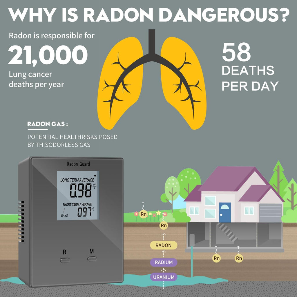 Home Radon Detector, Portable Radon Meter, Long and Short Term Home Radon Monitor, Battery-Powered, Prevent Excessive Radon Levels, Keep Your Health, Gray, Grey, BG-005