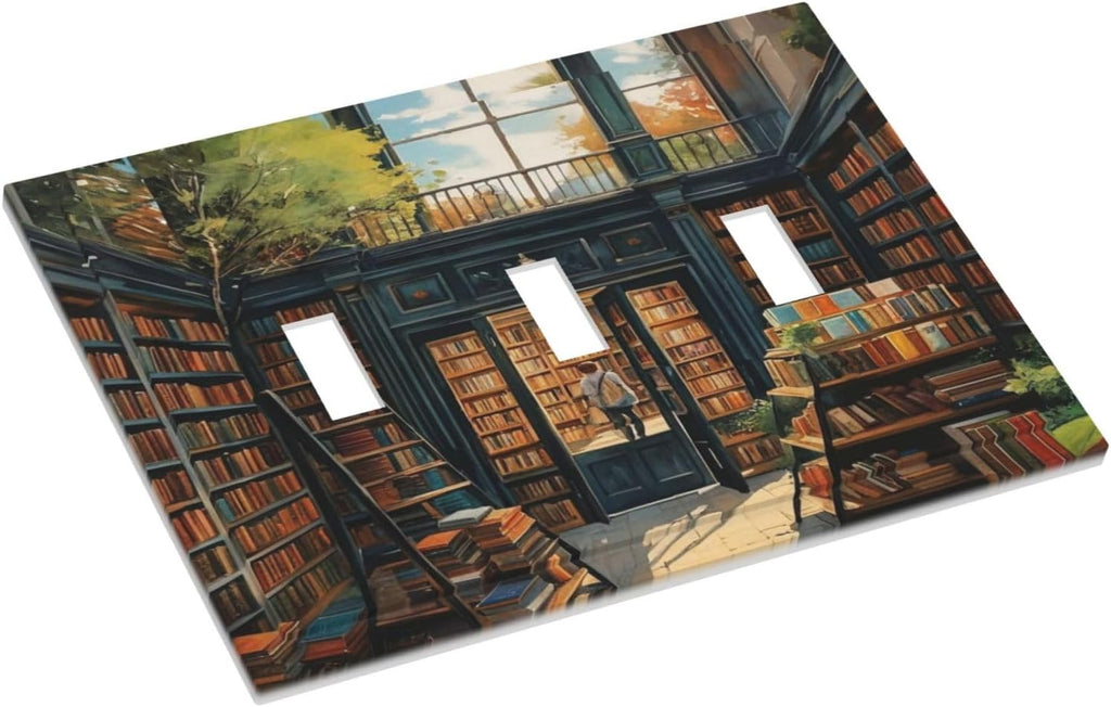 Library With A Lot Of Books Light Switch Covers 3 Gang Triple Toggle Wall Plate Decorative Switchplate Electrical Faceplate for Farmhouse Living Decor