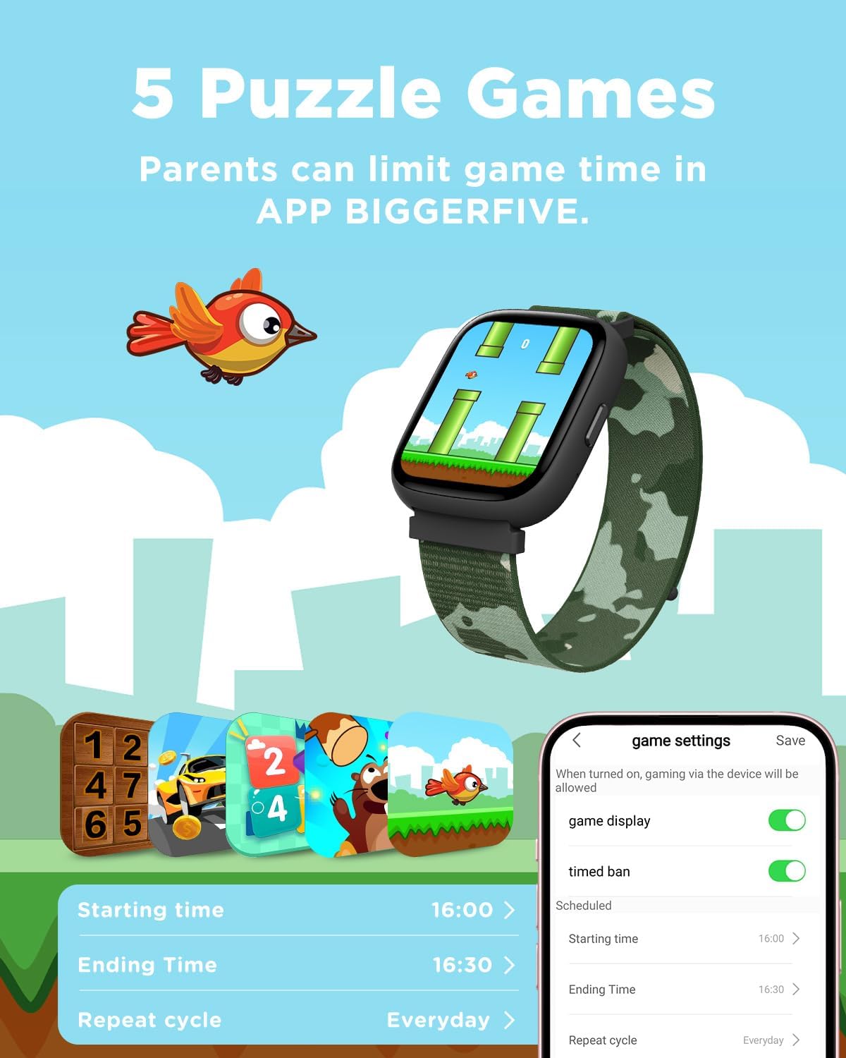 BIGGERFIVE Smart Watch for Kids, 1.8" Fitness Tracker Watch Pedometer, Heart Rate, Sleep Monitor, IP68 Waterproof, Calorie Step Counter, Puzzle Game with/without APP for Girls Boys Teen 5-16, 2 Straps