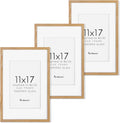 11x17 Picture Frame Set of 3, Solid Oak Wood Photo Frames 11"x17", 11 by 17 Poster Frames for Wall, 11 x 17 Frame with Mat for 8 x 12, Tempered Real Glass, 11x17 Inch Wood Frames (Oak Color, 3 Pack)