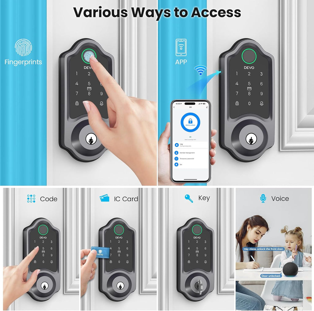 DEVO G8 Smart Lock with Doorbell - 6-in-1 Fingerprint Keyless Entry Deadbolt, Built-in Wi-Fi & APP Control, IP54 Waterproof Auto-Lock for Front Door Security, Easy Install (BHMA Certified)