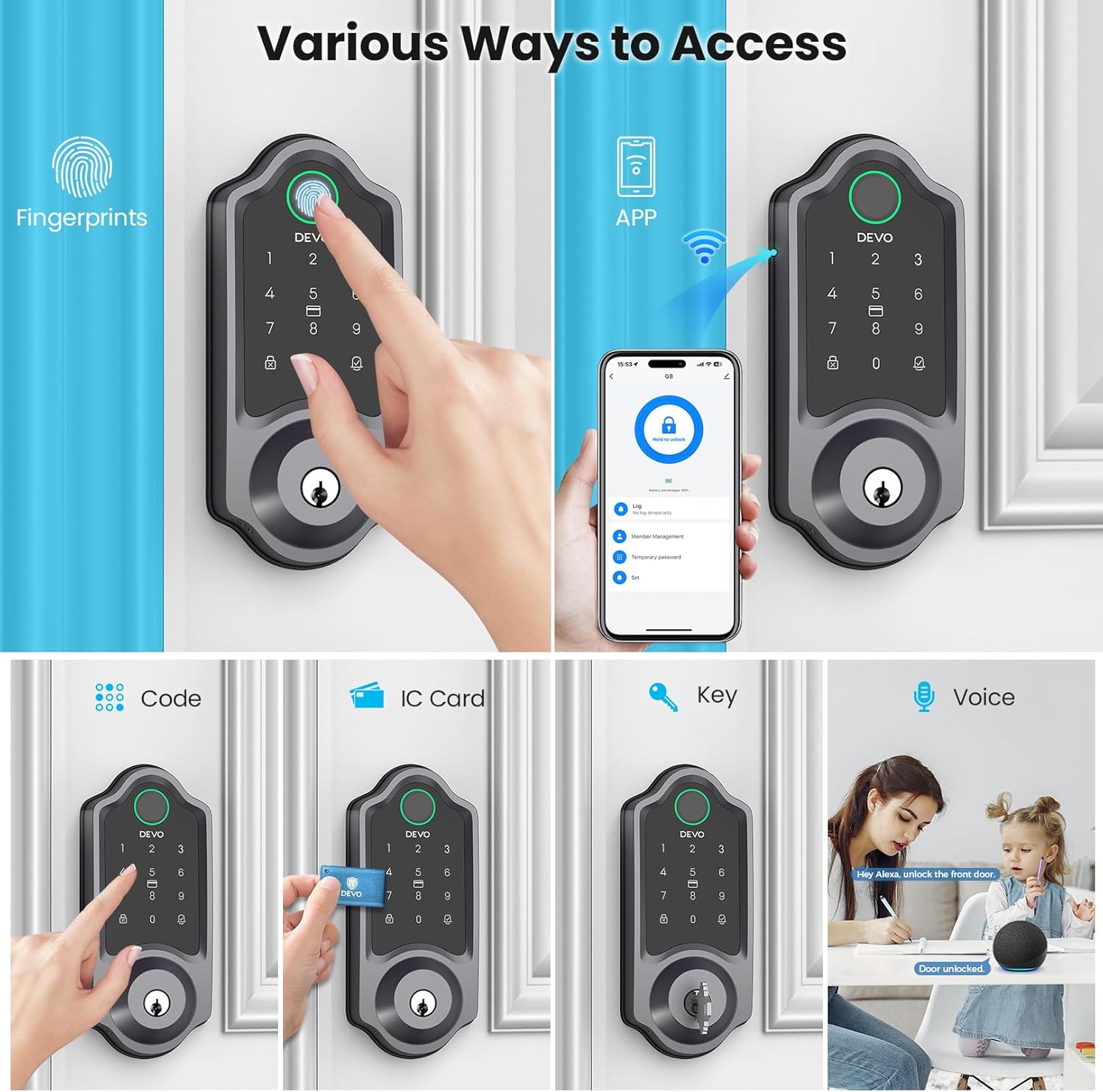 DEVO G8 Smart Lock with Doorbell - 6-in-1 Fingerprint Keyless Entry Deadbolt, Built-in Wi-Fi & APP Control, IP54 Waterproof Auto-Lock for Front Door Security, Easy Install (BHMA Certified)