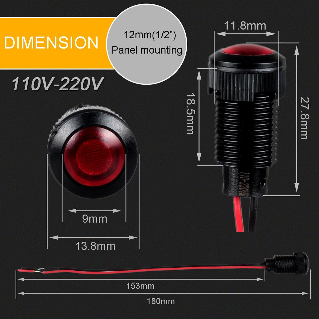 5pcs 12mm LED Indicator Light Plastic Black Signal Dot Lamp 110-220VAC 1/2 inches Mounting Hole Size with 15cm/5.9in. Wire (Mix:Red White Yellow Blue Green)