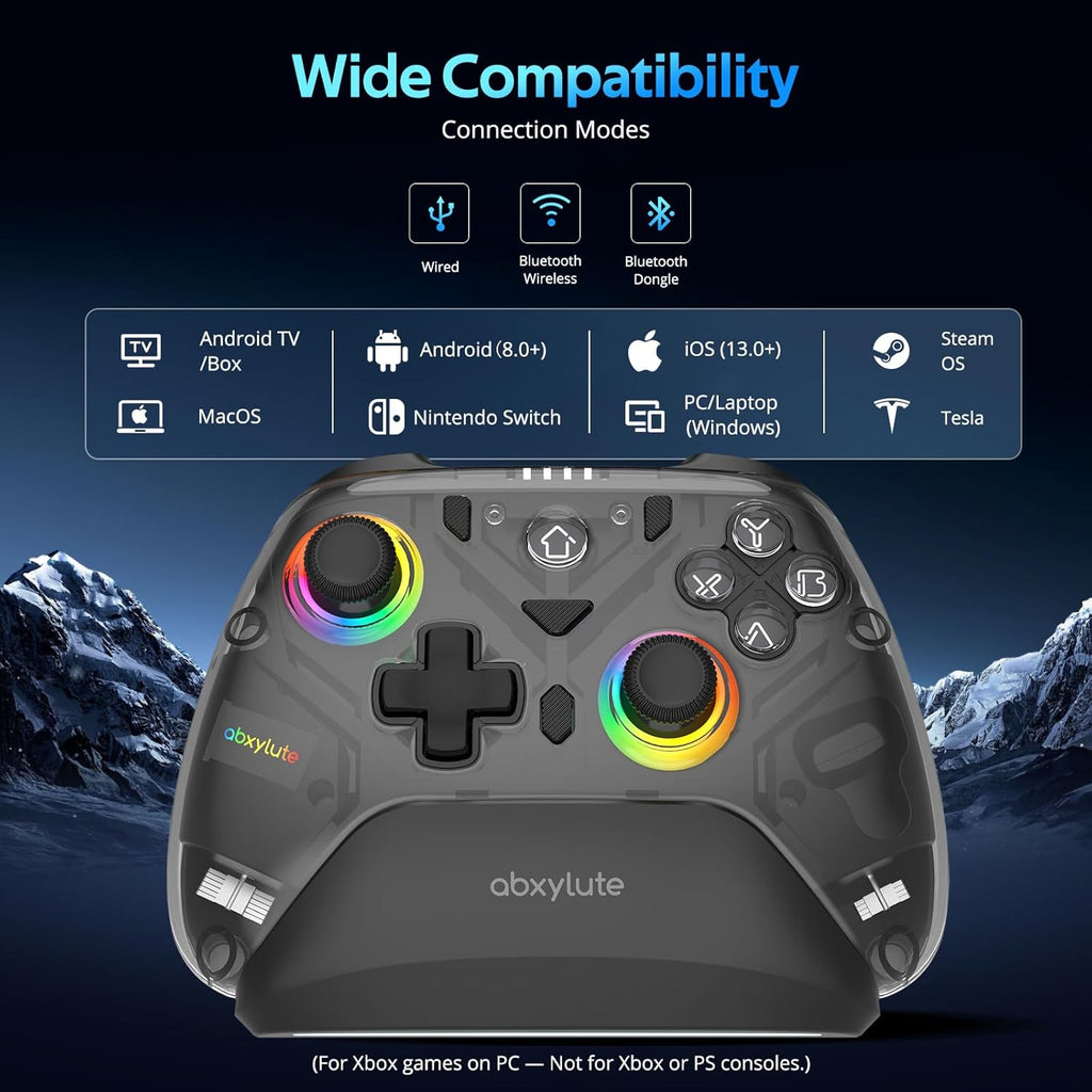 C8 PC Controller - Wireless Bluetooth Gamepad - Hall Effect Joystick RGB Backlit - 1000Hz Polling Rate -Dual Vibrate Macro Buttons for PC, Switch, Switch 2, Steam Deck, Android, iOS, MAC &Tesla Charging Dock