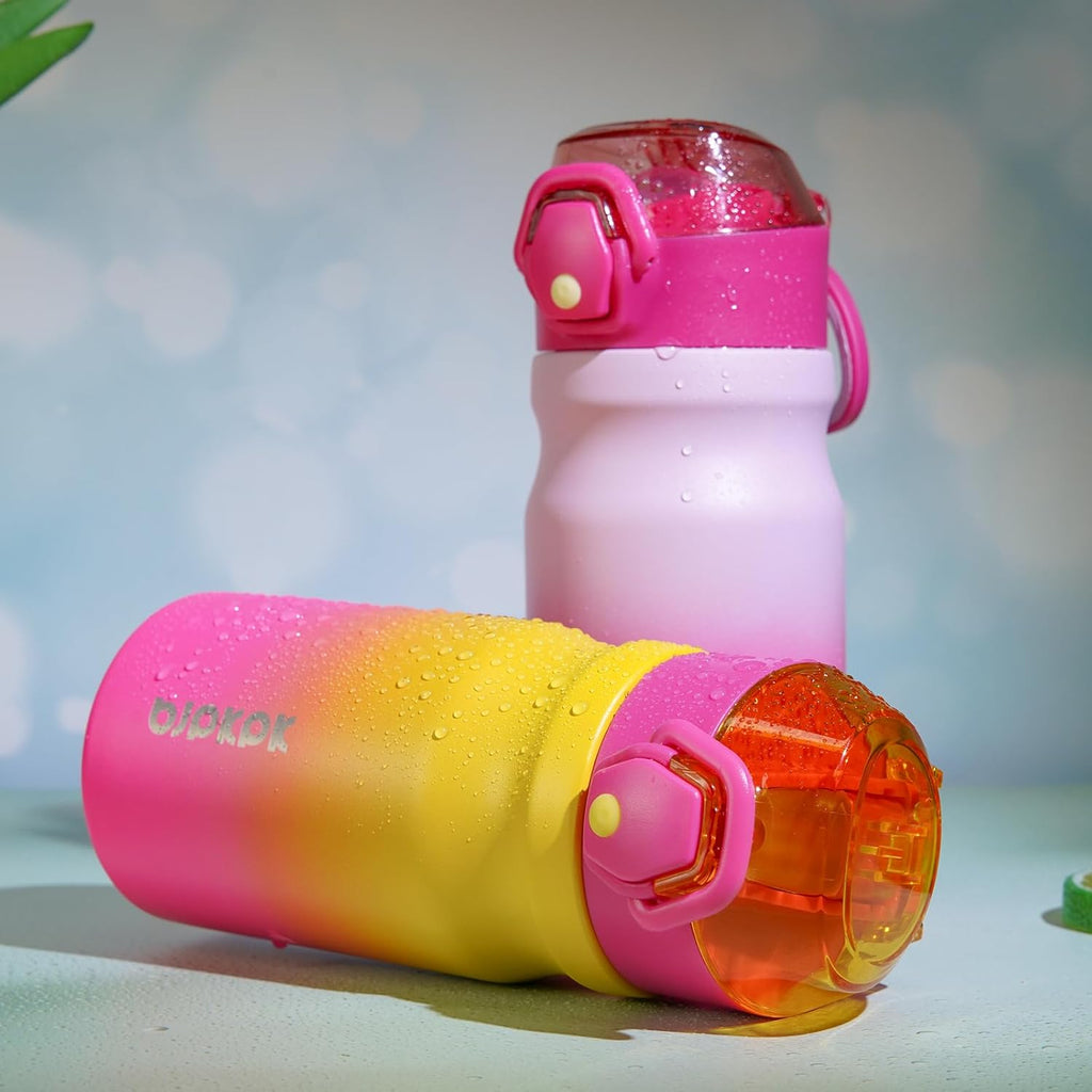 BJPKPK Water Bottle with Straw 14oz Insulated Water Bottles Reusable Stainless Steel Metal Thermal Flask with Leak Proof Lockable Lid and Carry Handle,Rainbow