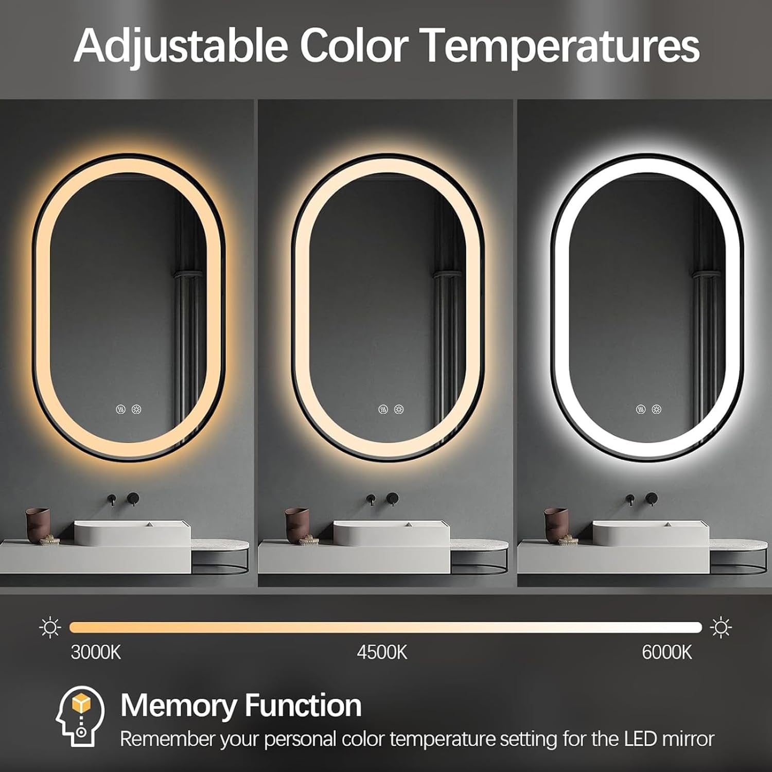 Niccy Oval LED Mirror for Bathroom, 32x20 Front Lit + Backlit Vanity Mirrors with Light Anti-Fog, Shatter-Proof, Makeup Mirror with Black Frame (Horizontal/Vertical)