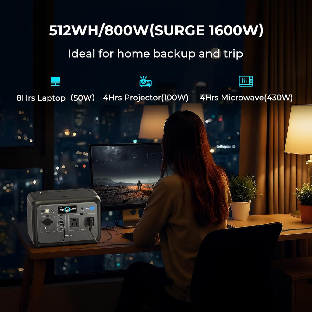 OUKITEL Portable Power Station 800W（Peak 1600W), 512Wh Solar Generator 1 Hour Fast Charging LiFePO4 Battery Backup for Emergency Home Camping RVs(Solar Panel Optional)