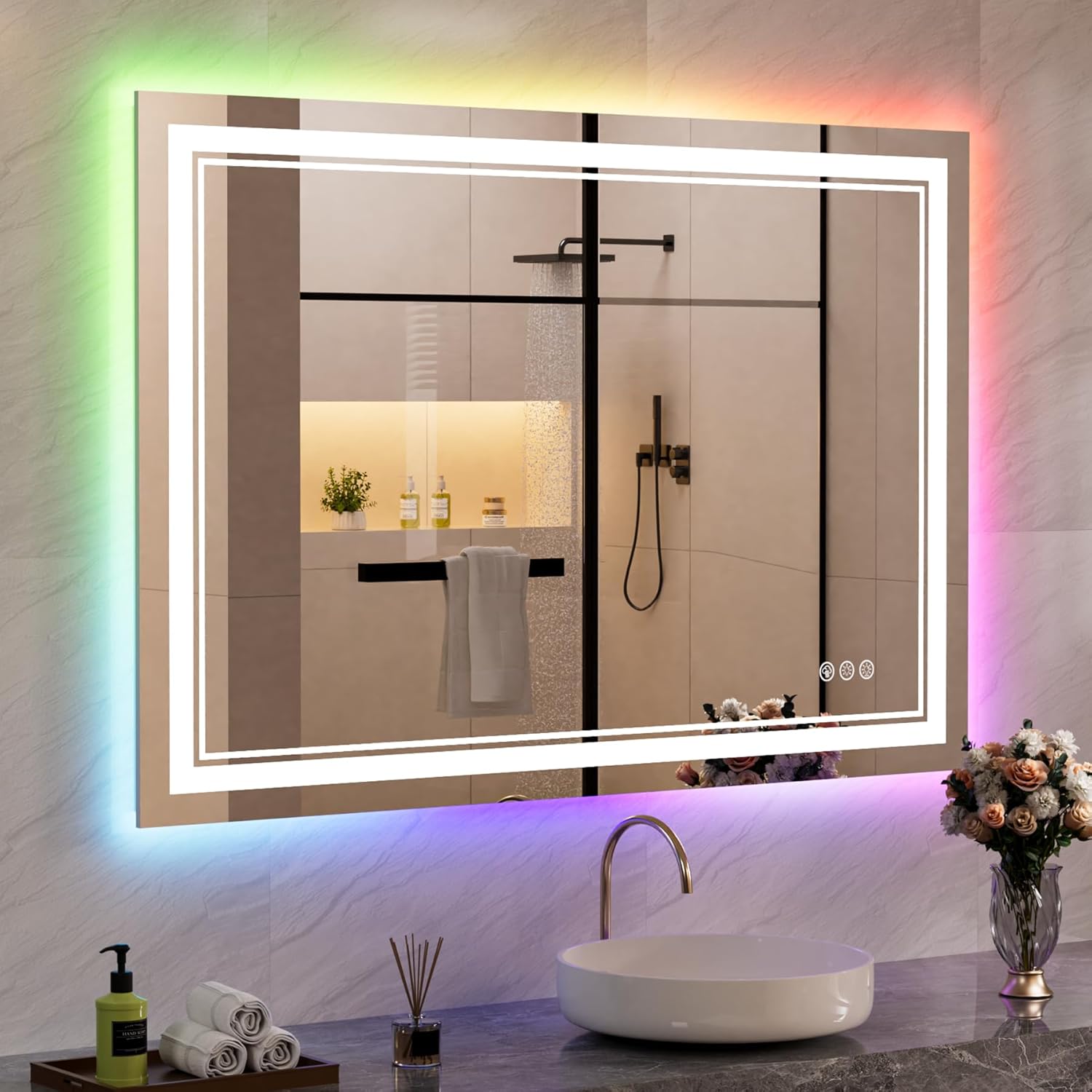 44x32 inch LED Bathroom Mirror with RGB Lights, Color Changing Backlit Mirror, Shatterproof, Dimmable Anti-Fog, Lighted Vanity Mirror (RGB Multicolor Backlit + Adjustable Front-Lighted)