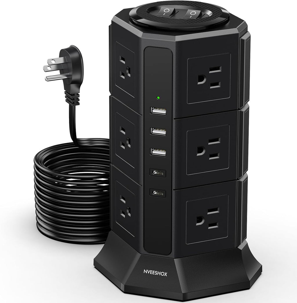 Surge Protector Power Strip Tower, 10FT Ultra Flat Extension Cord with 12 AC Outlets 5 USB Ports(2 Type C), Desktop Charging Station, Flat Plug Outlet Extender for Home Office Dorm