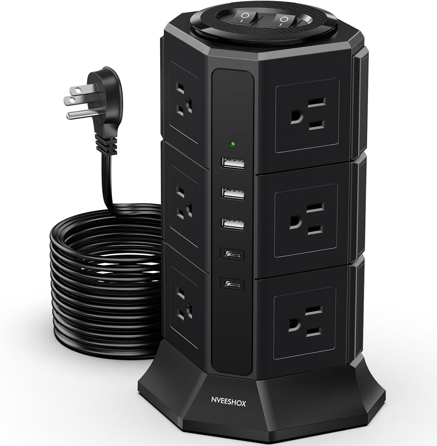 Surge Protector Power Strip Tower, 10FT Ultra Flat Extension Cord with 12 AC Outlets 5 USB Ports(2 Type C), Desktop Charging Station, Flat Plug Outlet Extender for Home Office Dorm