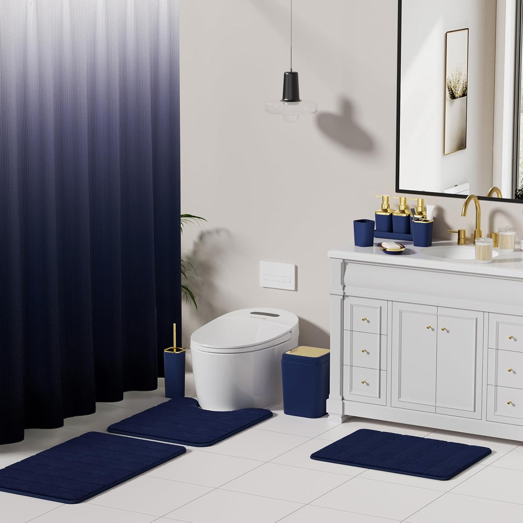 Bathroom Sets with Shower Curtain and Rugs, 27PC Bathroom Accessory Set, Blue Bathroom Set, Navy Blue Bathroom Accessories Set with Trash Can, Toilet Brush and Soap Dispensers