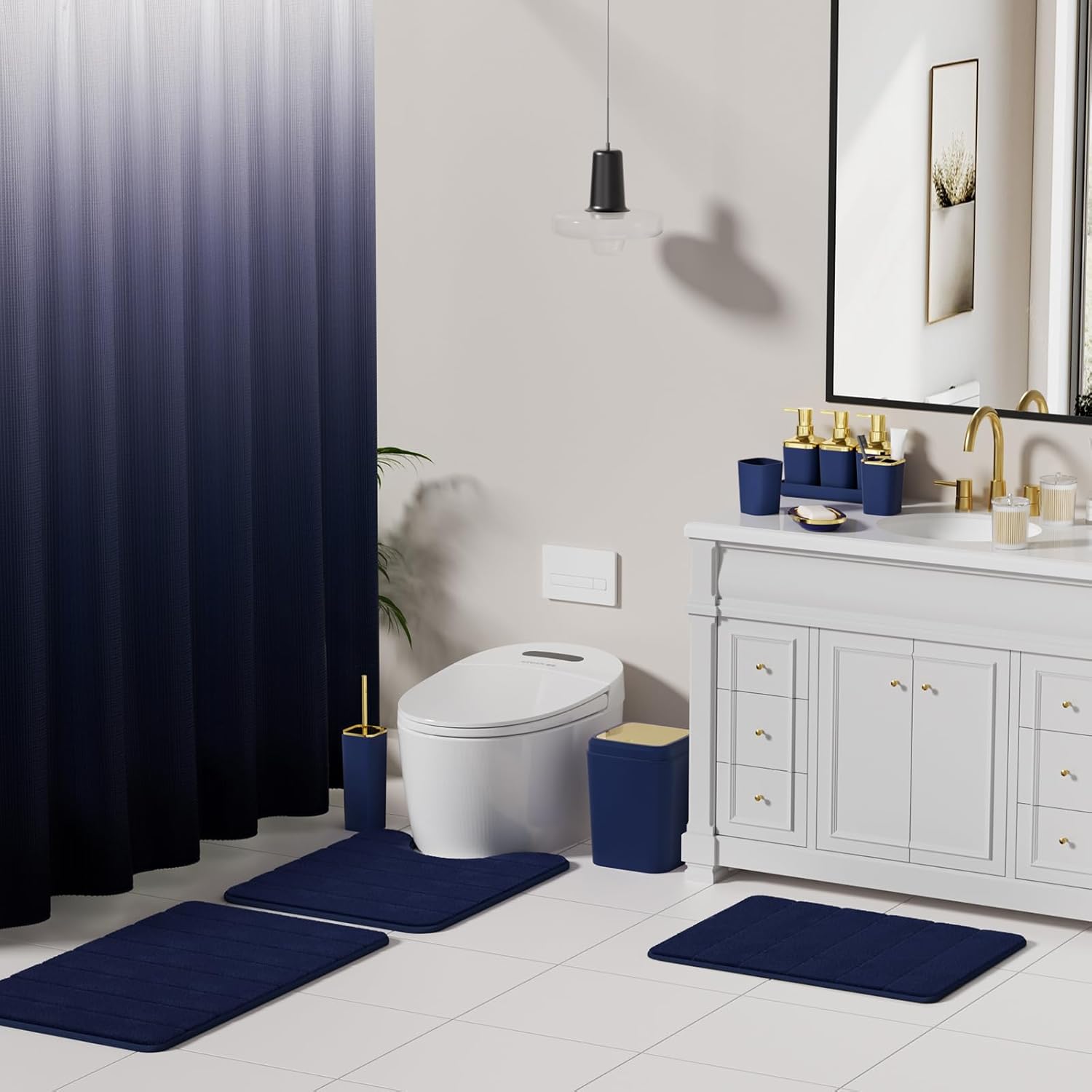 Bathroom Sets with Shower Curtain and Rugs, 27PC Bathroom Accessory Set, Blue Bathroom Set, Navy Blue Bathroom Accessories Set with Trash Can, Toilet Brush and Soap Dispensers