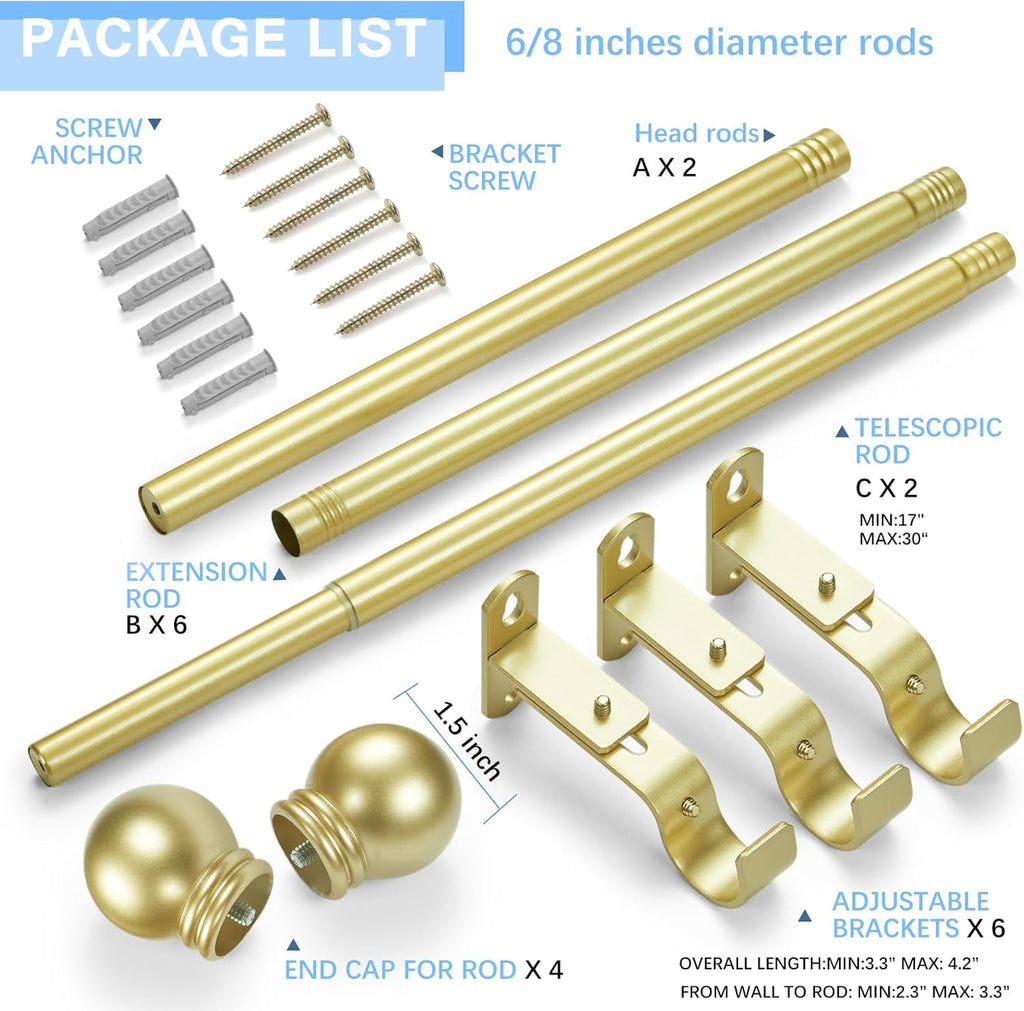 Curtain Rods for Windows 16 to 76 Inches, Curtain Rod Max Adjustable Length of 88 IN, 6/8" Diameter Drapery Rods Round Finials, Warm Gold, Pack of 2
