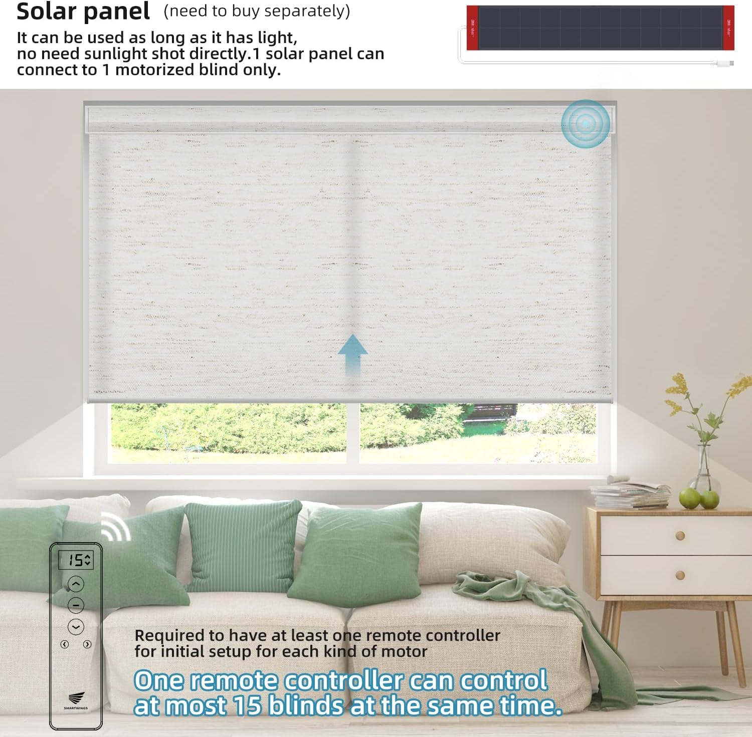 SmartWings Motorized Light Filtering Shades, Work with Matter Thread Z-wave Alexa Google, 70% Blackout Shades Translucent Cordless Window Shade with Remote Rechargeable Up 110"W x 148"H, Linen White