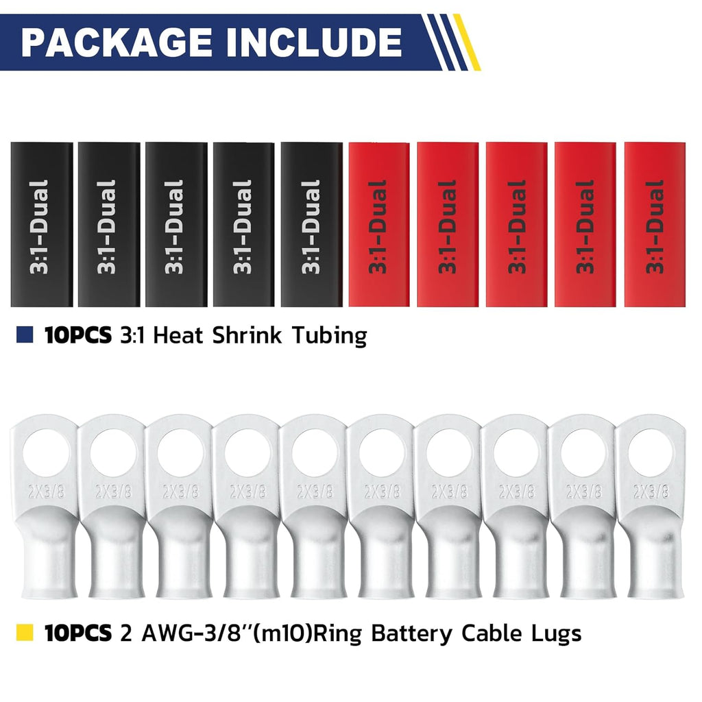 haisstronica 10pcs 2 AWG - 3/8" (M10) Tinned Copper Battery Lugs, Heavy Duty Copper Wire Lugs with 10pcs 3:1 Adhesive Heat Shrink Tubing, 2 Gauge Wire Lugs, Tinned Copper Battery Cable Ends