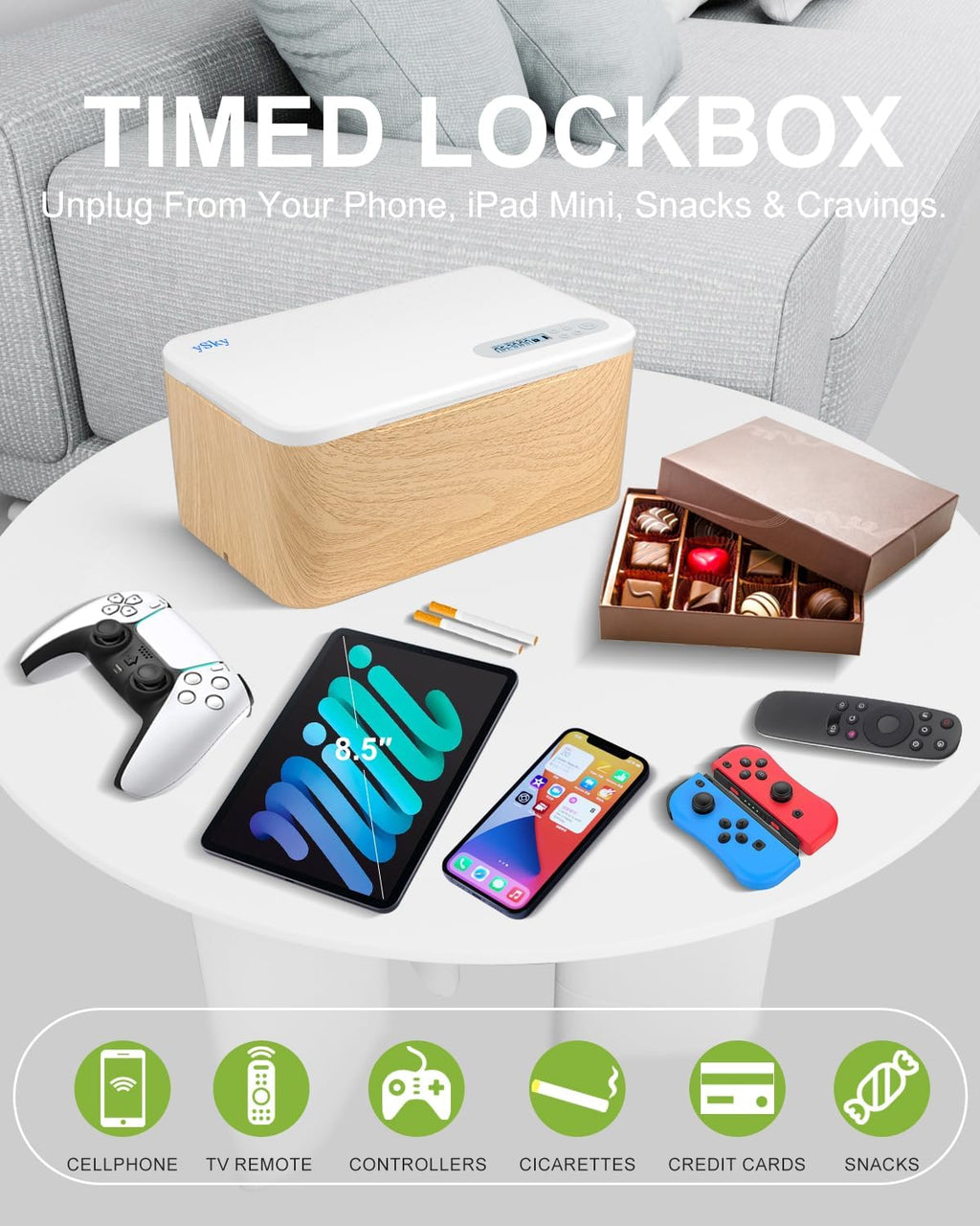 ySky Phone Lock Box with Timer,Safe Timed Lock Box Unplug from Phones,Video Games,Social Media,Snacks&Cravings,SelfControl Storage Box for 8.5 inch iPad,Time Locker Box(woodgrain)