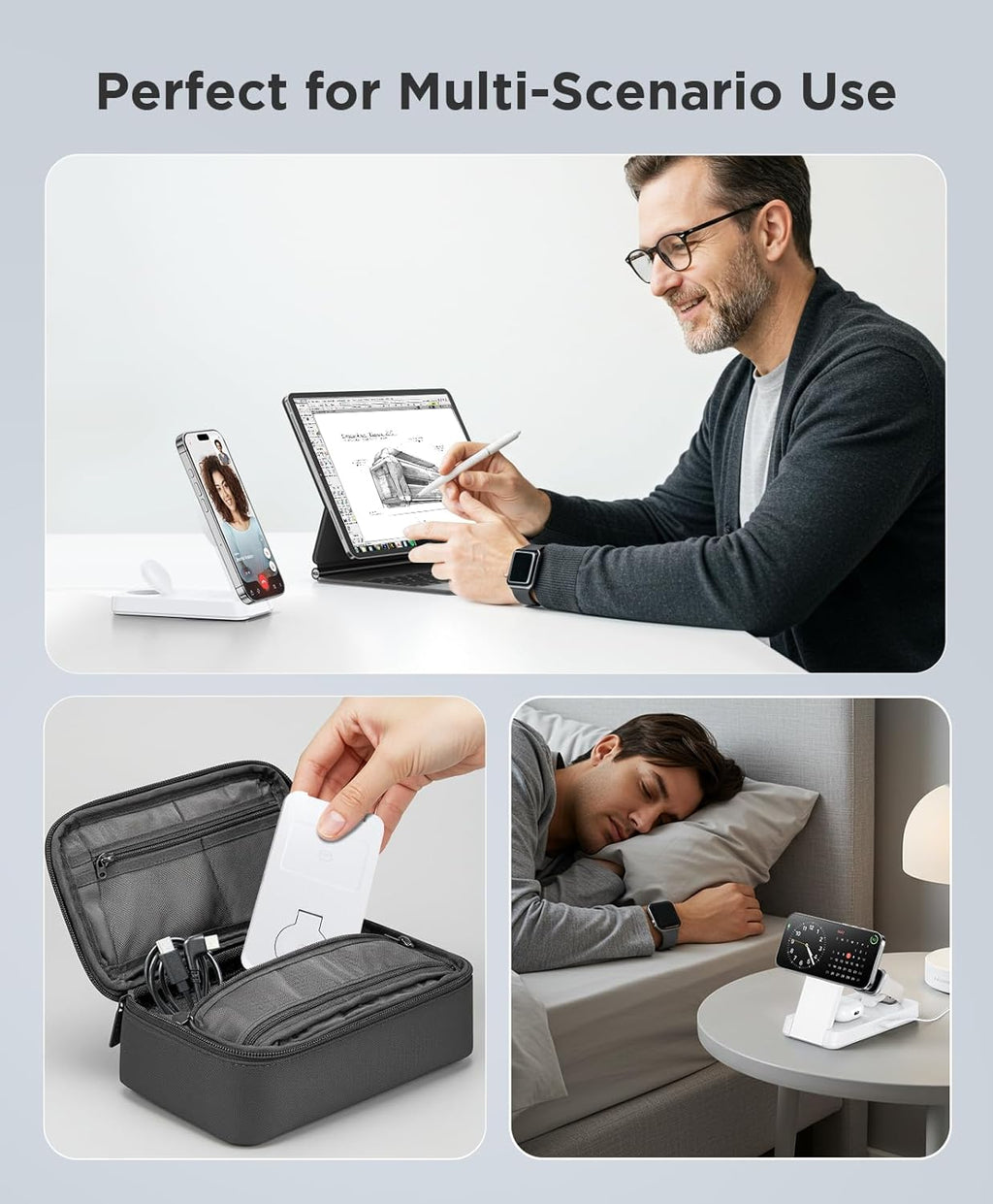 3 in 1 Magnetic Wireless for iPhone Charging Station: Foldable Portable Charger for iPhone 17-12 Pro Max & Apple Watch & AirPods, for Apple Multiple Devices Charger for Home,Office&Travel