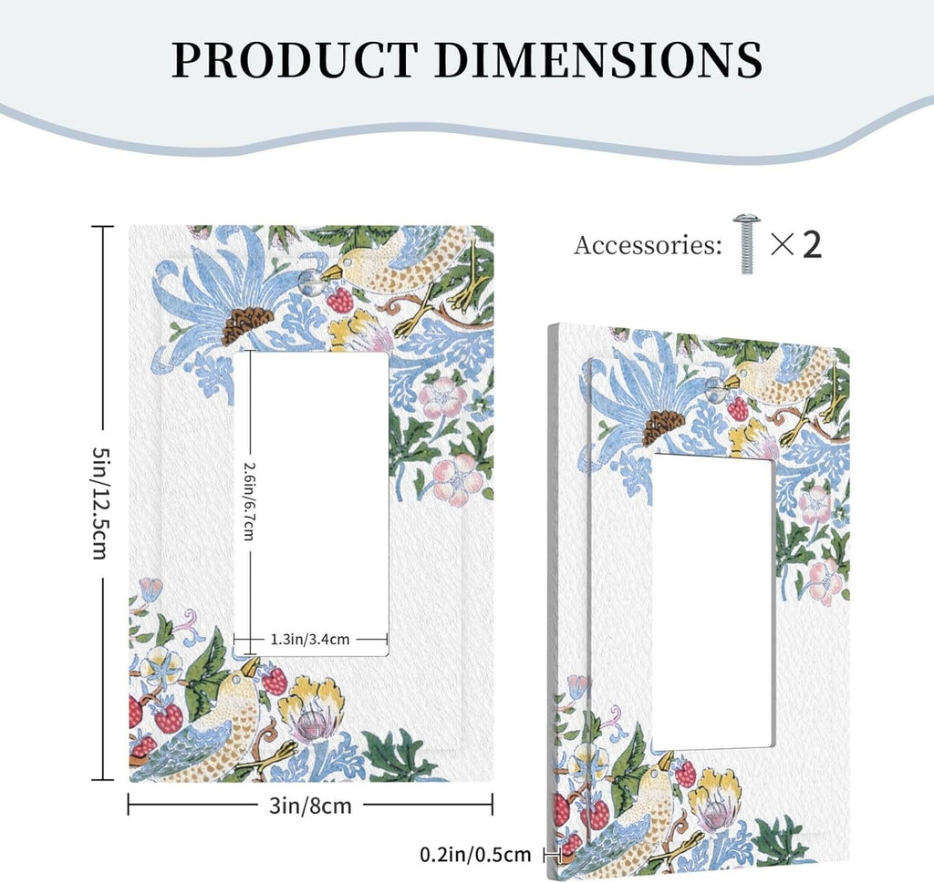 Decorative Outlet Covers Retro Morris Strawberry Rustic Plant Bird 1 Gang Single Decora GFCI Device Light Switch Covers Plate 1 Rocker Wall Plate Jumbo Faceplate