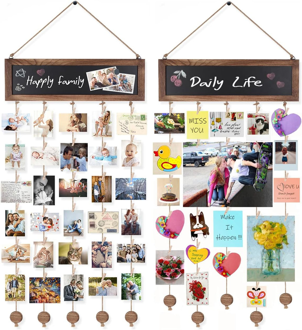 Bikoney 2-Pack Picture Frames Collage Wall Decor Photo Display Photo Board Wood Rustic Frames for Wall Decor and Party with 2 Blackboard and 60 Clips Carbonized Black