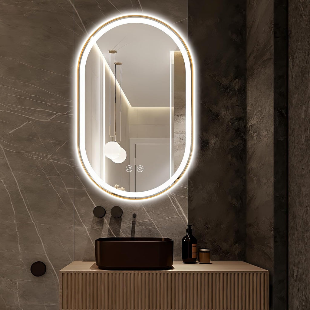 Niccy Oval LED Mirror for Bathroom, 48x30 Front Lit + Backlit Vanity Mirrors with Light Anti-Fog, Shatter-Proof, 3 Colors, Makeup Mirror with Gold Frame (Horizontal/Vertical)