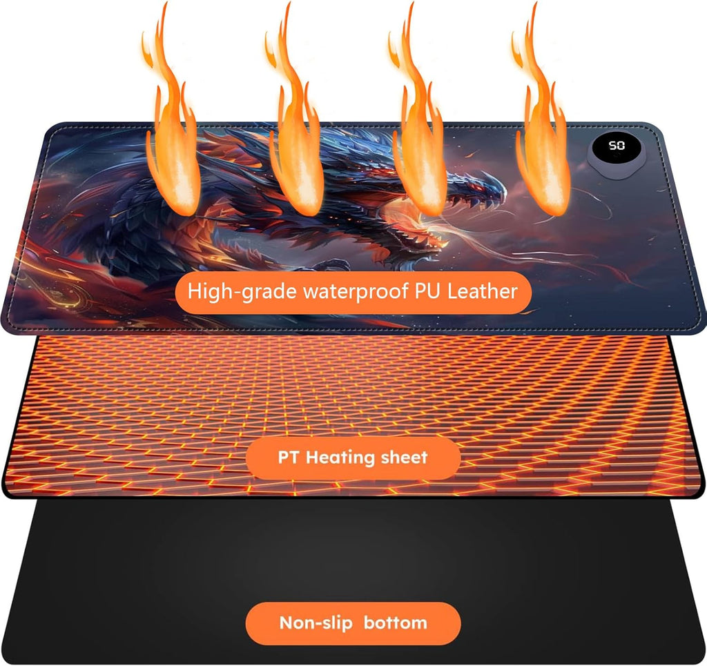 Heated Mouse Pad with 3 Levels Heated & 3 Hours Auto Shut-Off Mouse Pad for Warming Hands in Office Home, 31.5" x 13"Large Safe Desk Mat Hand Warmer，Watercolor Dragon