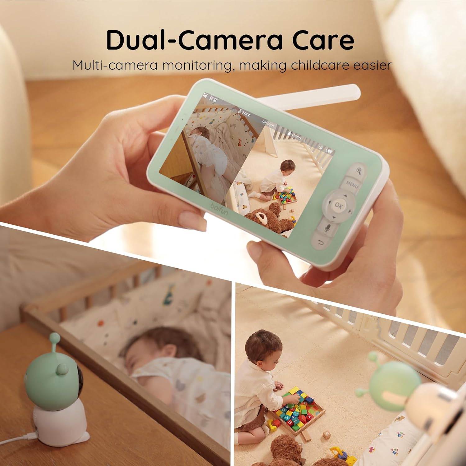 Boifun 2K Wifi Baby Monitor with 2 Cameras, Soothing Night Light, APP & 5" Split-screen Control, Motion/Cries/Noise/Customizable Alarm Zones Detect, Auto Tracking, PTZ, Humidity&Temperature Monitoring