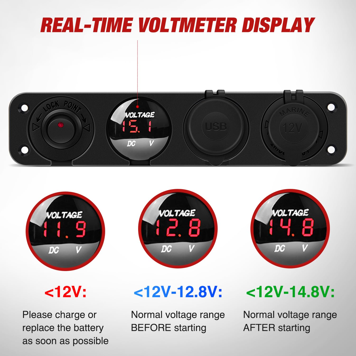 Nilight 4 in 1 ON/Off Charger Socket Panel Dual USB Power Outlet LED Voltmeter Cigarette Lighter Socket Lighted ON Off Rocker Toggle Switch for Truck Car Marine Boats RV,2 Years Warranty