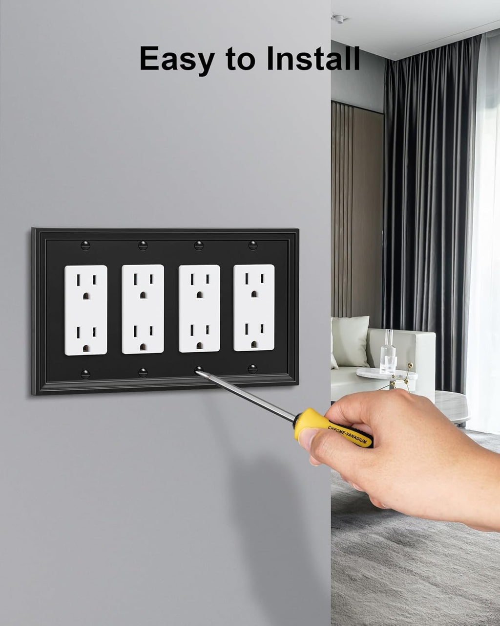 2-Pack Quad Decorator Outlet Cover Plate, Black Decorative Switch Plates and Outlet Covers, Natural Bamboo Fiber Wall Plates for Electrical Outlets, Receptacle, GFCI Outlet, Dimmer Switch