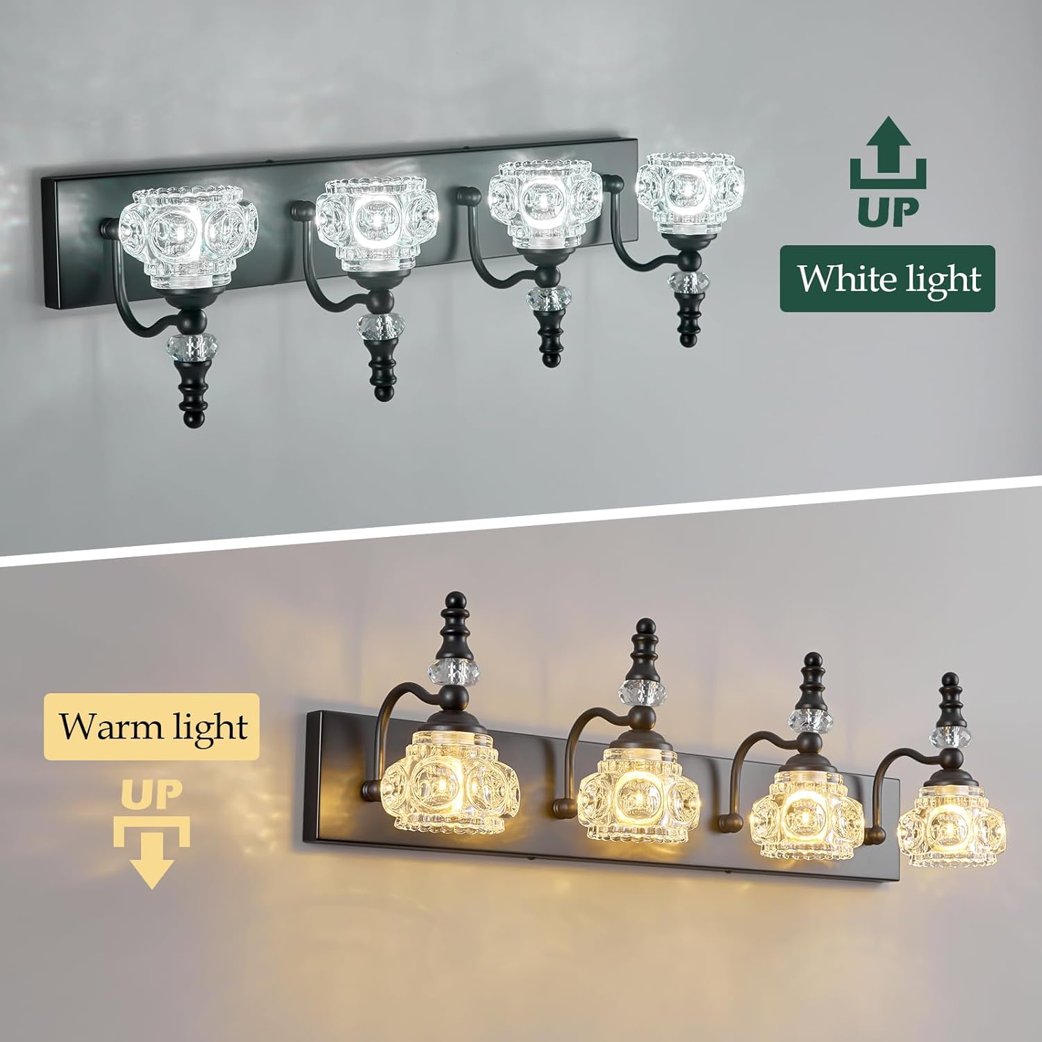 Modern Crystal Bathroom Vanity Light Black Vintage Bathroom Light Fixtures 4-Lights Glass Crystal Vanity Lights