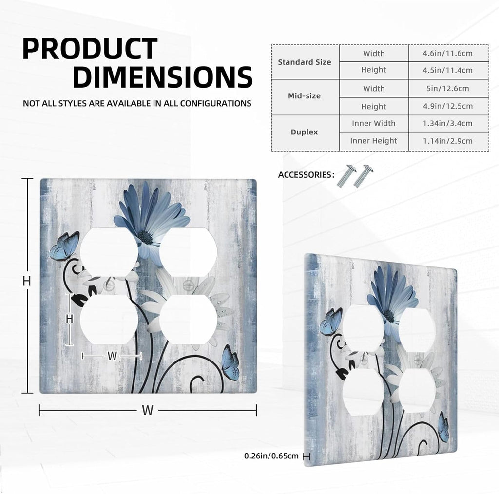 Decorative Outlet Covers Rustic Blue White Daisy Ink Flower 2 Gang Light Switch Cover Plate Double Duplex Wall Plates for Electrical Outlets Switch Plate Covers for Bedroom Home Decor