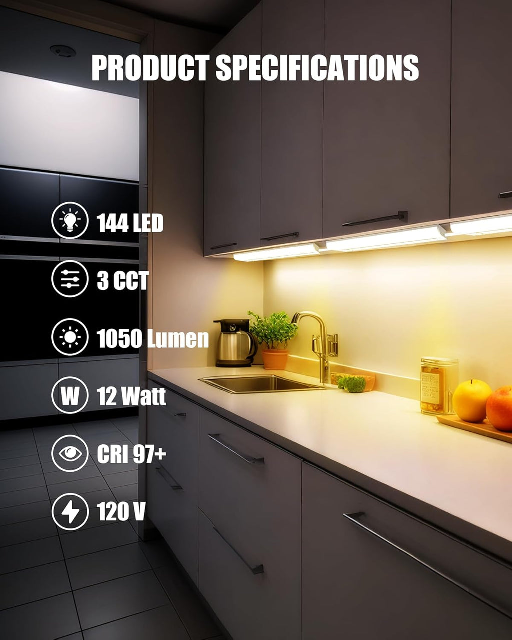 16 Inch Hardwired Under Cabinet Lighting, 3 Color Setting Dimmable LED Under Cabinet Lights Wired, 1050LM Linkable Under Counter Lights for Kitchen, 12W, CRI>97