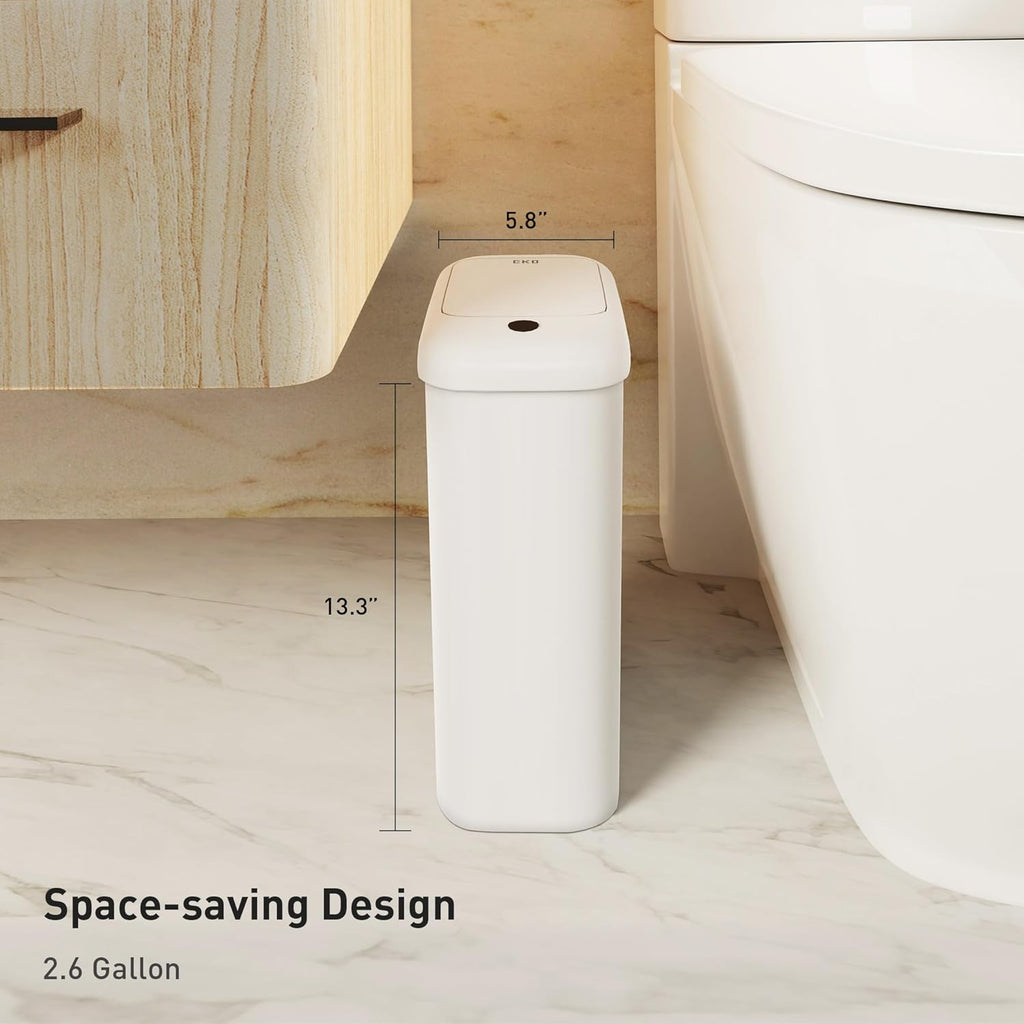 EKO Automatic Bathroom Trash Can with Lid, 2.6 Gallon Slim Touchless Garbage Can, Waterproof Motion Sensor Trash Bin for Bathroom, Office, Kitchen, White