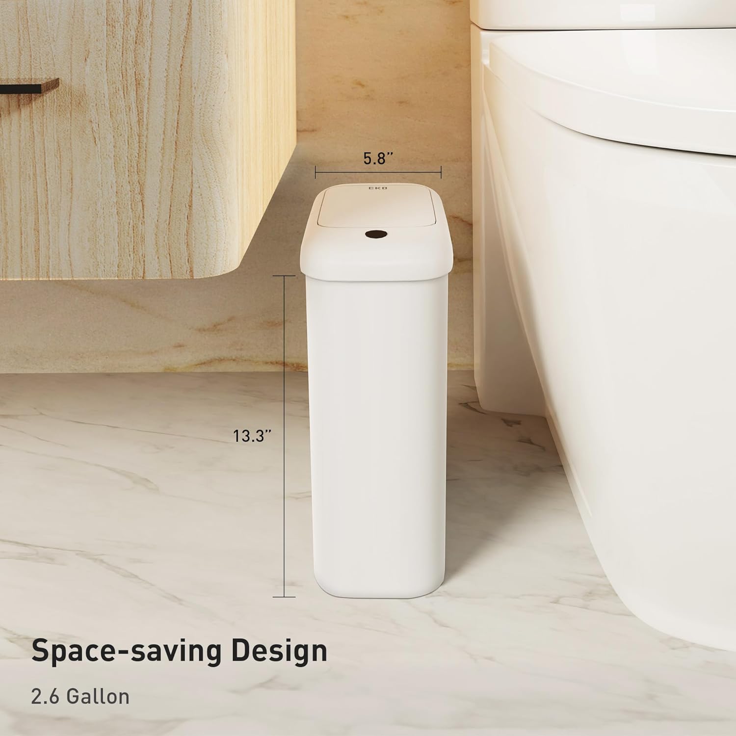 EKO Automatic Bathroom Trash Can with Lid, 2.6 Gallon Slim Touchless Garbage Can, Waterproof Motion Sensor Trash Bin for Bathroom, Office, Kitchen, White