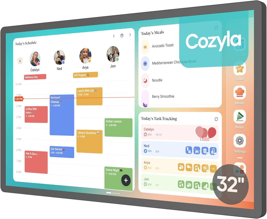 Cozyla Digital Calendar+ 2: 32 inch Wall Planner Touch Screen Chore Chart Customize Dashboard Smart Electronic Calendar for Family Schedules Meal Planner Support Any Google Play App Wall Mount Black